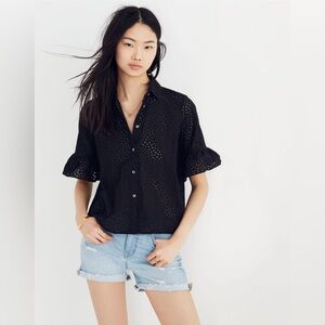 MEDIUM Madewell Eyelet Bell-Sleeve Shirt black women’s button up size blouse